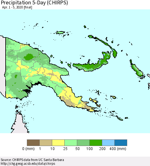 Papua New Guinea Precipitation 5-Day (CHIRPS) Thematic Map For 4/1/2020 - 4/5/2020