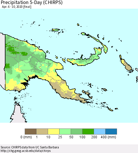 Papua New Guinea Precipitation 5-Day (CHIRPS) Thematic Map For 4/6/2020 - 4/10/2020