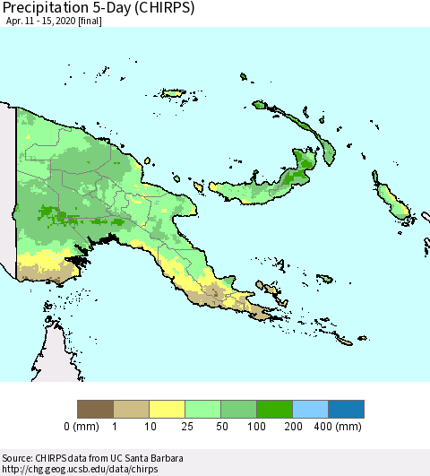 Papua New Guinea Precipitation 5-Day (CHIRPS) Thematic Map For 4/11/2020 - 4/15/2020