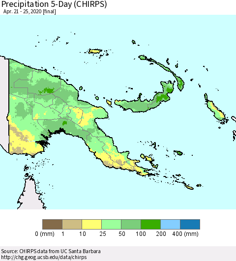 Papua New Guinea Precipitation 5-Day (CHIRPS) Thematic Map For 4/21/2020 - 4/25/2020