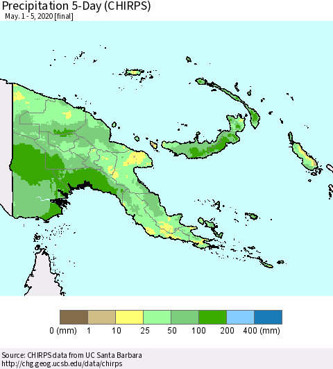Papua New Guinea Precipitation 5-Day (CHIRPS) Thematic Map For 5/1/2020 - 5/5/2020