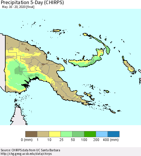 Papua New Guinea Precipitation 5-Day (CHIRPS) Thematic Map For 5/16/2020 - 5/20/2020