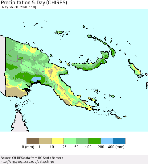 Papua New Guinea Precipitation 5-Day (CHIRPS) Thematic Map For 5/26/2020 - 5/31/2020