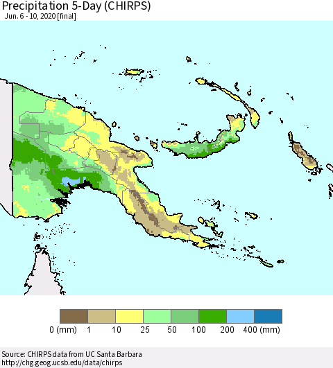 Papua New Guinea Precipitation 5-Day (CHIRPS) Thematic Map For 6/6/2020 - 6/10/2020