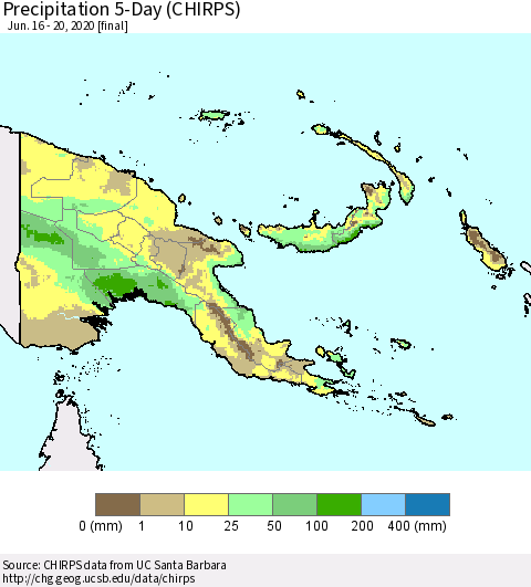 Papua New Guinea Precipitation 5-Day (CHIRPS) Thematic Map For 6/16/2020 - 6/20/2020