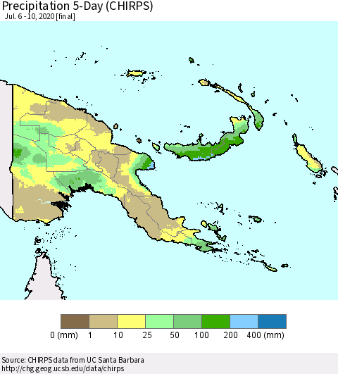 Papua New Guinea Precipitation 5-Day (CHIRPS) Thematic Map For 7/6/2020 - 7/10/2020