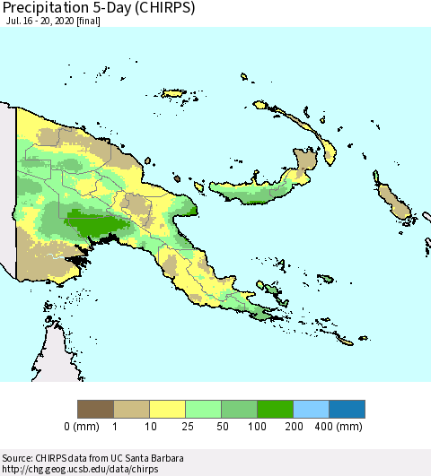 Papua New Guinea Precipitation 5-Day (CHIRPS) Thematic Map For 7/16/2020 - 7/20/2020