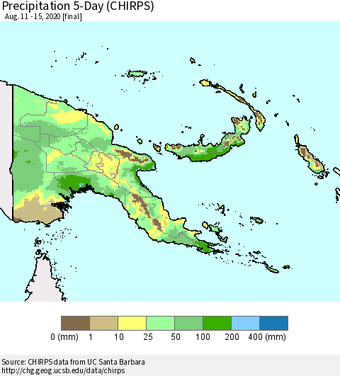 Papua New Guinea Precipitation 5-Day (CHIRPS) Thematic Map For 8/11/2020 - 8/15/2020
