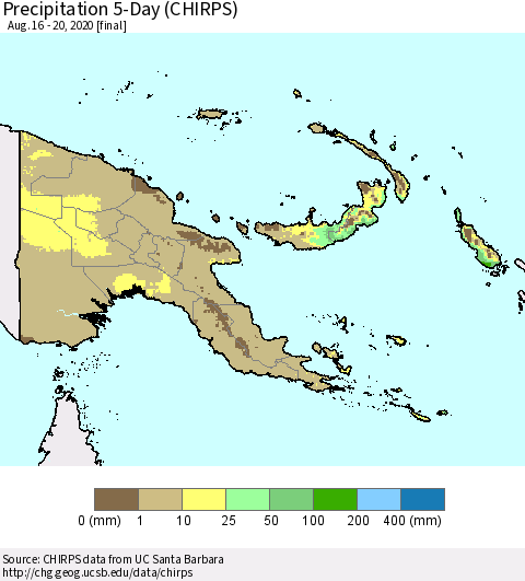 Papua New Guinea Precipitation 5-Day (CHIRPS) Thematic Map For 8/16/2020 - 8/20/2020