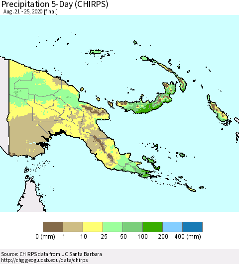Papua New Guinea Precipitation 5-Day (CHIRPS) Thematic Map For 8/21/2020 - 8/25/2020