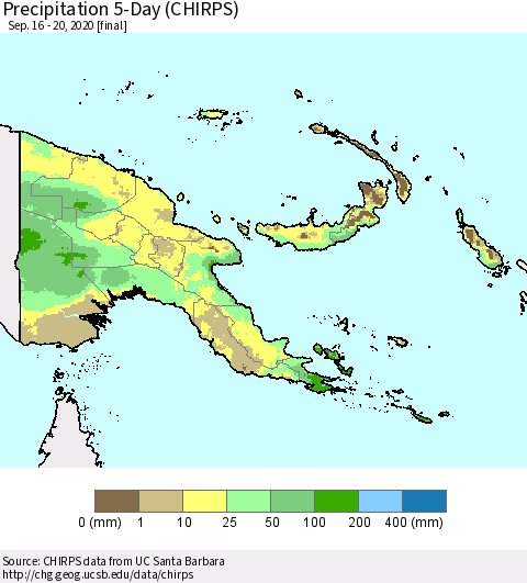 Papua New Guinea Precipitation 5-Day (CHIRPS) Thematic Map For 9/16/2020 - 9/20/2020