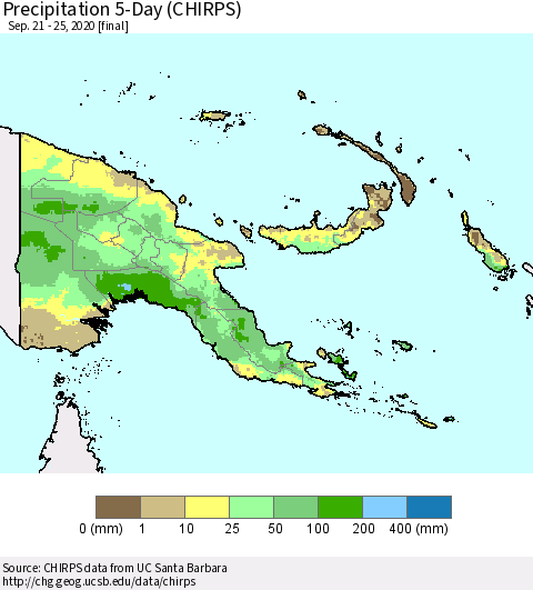 Papua New Guinea Precipitation 5-Day (CHIRPS) Thematic Map For 9/21/2020 - 9/25/2020