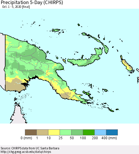 Papua New Guinea Precipitation 5-Day (CHIRPS) Thematic Map For 10/1/2020 - 10/5/2020
