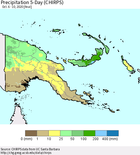 Papua New Guinea Precipitation 5-Day (CHIRPS) Thematic Map For 10/6/2020 - 10/10/2020
