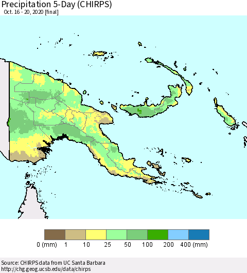 Papua New Guinea Precipitation 5-Day (CHIRPS) Thematic Map For 10/16/2020 - 10/20/2020