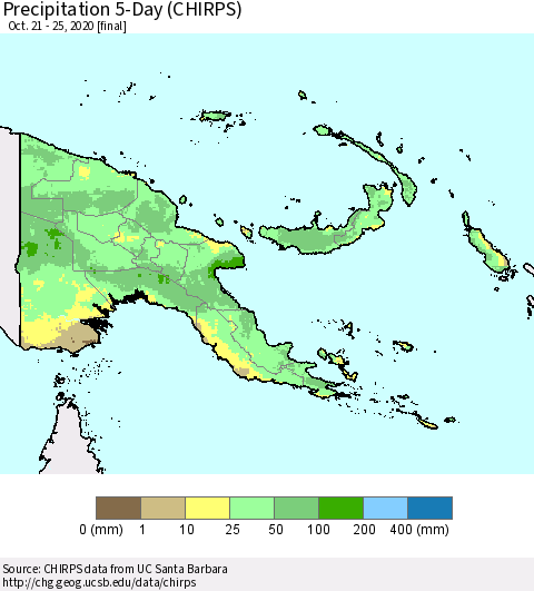 Papua New Guinea Precipitation 5-Day (CHIRPS) Thematic Map For 10/21/2020 - 10/25/2020