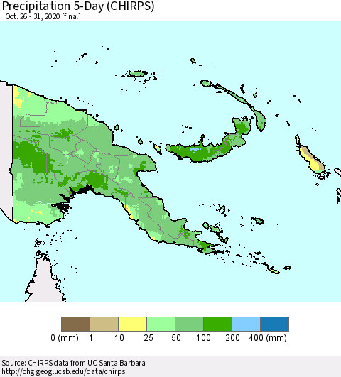 Papua New Guinea Precipitation 5-Day (CHIRPS) Thematic Map For 10/26/2020 - 10/31/2020