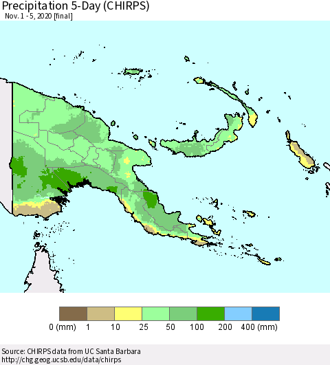 Papua New Guinea Precipitation 5-Day (CHIRPS) Thematic Map For 11/1/2020 - 11/5/2020