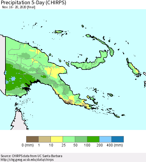 Papua New Guinea Precipitation 5-Day (CHIRPS) Thematic Map For 11/16/2020 - 11/20/2020