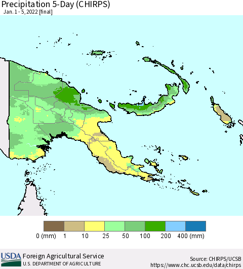 Papua New Guinea Precipitation 5-Day (CHIRPS) Thematic Map For 1/1/2022 - 1/5/2022