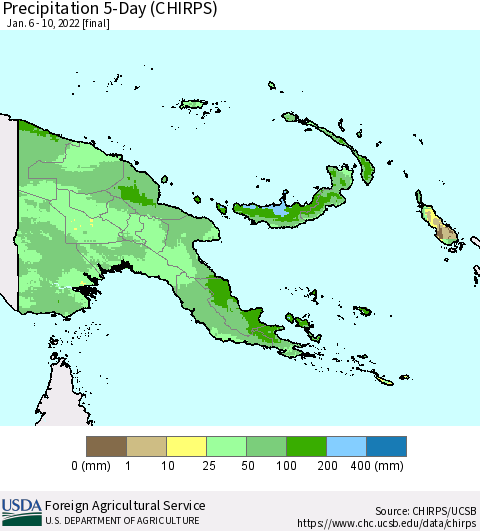 Papua New Guinea Precipitation 5-Day (CHIRPS) Thematic Map For 1/6/2022 - 1/10/2022