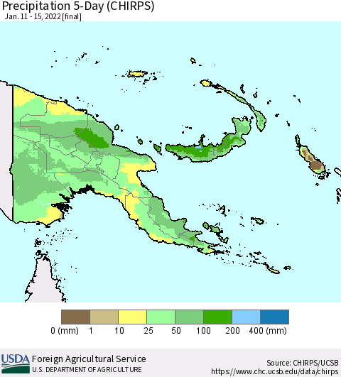 Papua New Guinea Precipitation 5-Day (CHIRPS) Thematic Map For 1/11/2022 - 1/15/2022