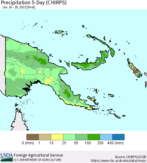 Papua New Guinea Precipitation 5-Day (CHIRPS) Thematic Map For 1/16/2022 - 1/20/2022