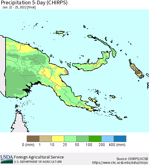 Papua New Guinea Precipitation 5-Day (CHIRPS) Thematic Map For 1/21/2022 - 1/25/2022