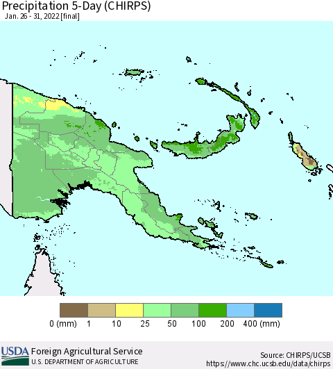 Papua New Guinea Precipitation 5-Day (CHIRPS) Thematic Map For 1/26/2022 - 1/31/2022
