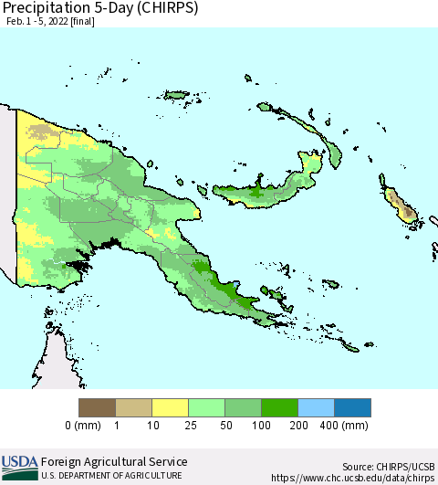 Papua New Guinea Precipitation 5-Day (CHIRPS) Thematic Map For 2/1/2022 - 2/5/2022