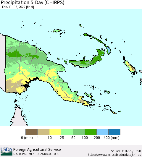 Papua New Guinea Precipitation 5-Day (CHIRPS) Thematic Map For 2/11/2022 - 2/15/2022