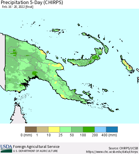 Papua New Guinea Precipitation 5-Day (CHIRPS) Thematic Map For 2/16/2022 - 2/20/2022