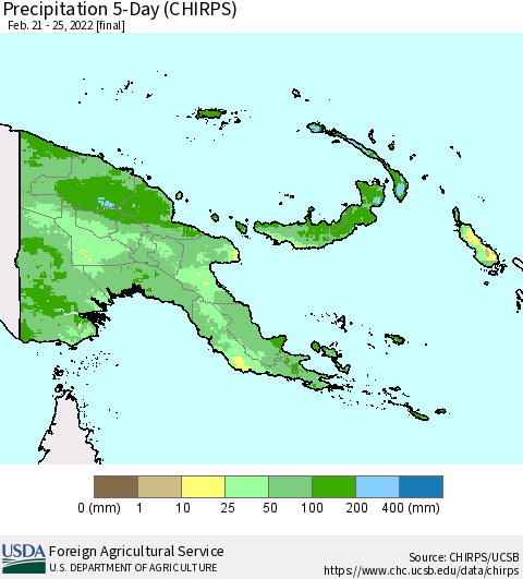 Papua New Guinea Precipitation 5-Day (CHIRPS) Thematic Map For 2/21/2022 - 2/25/2022