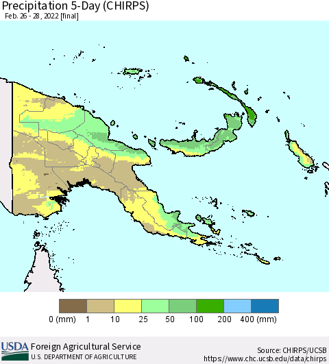Papua New Guinea Precipitation 5-Day (CHIRPS) Thematic Map For 2/26/2022 - 2/28/2022
