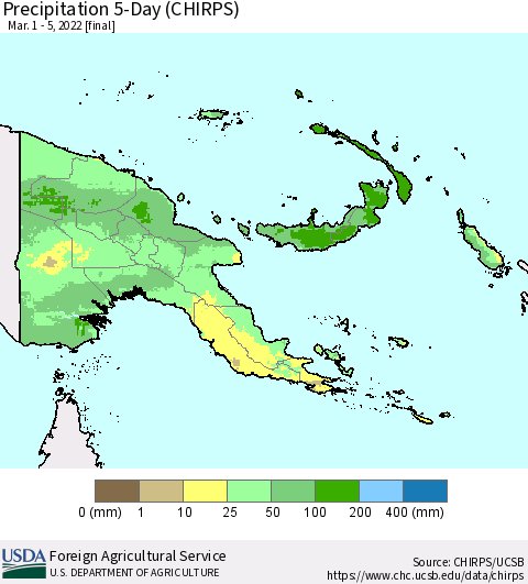 Papua New Guinea Precipitation 5-Day (CHIRPS) Thematic Map For 3/1/2022 - 3/5/2022