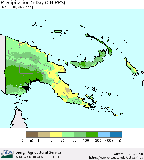 Papua New Guinea Precipitation 5-Day (CHIRPS) Thematic Map For 3/6/2022 - 3/10/2022