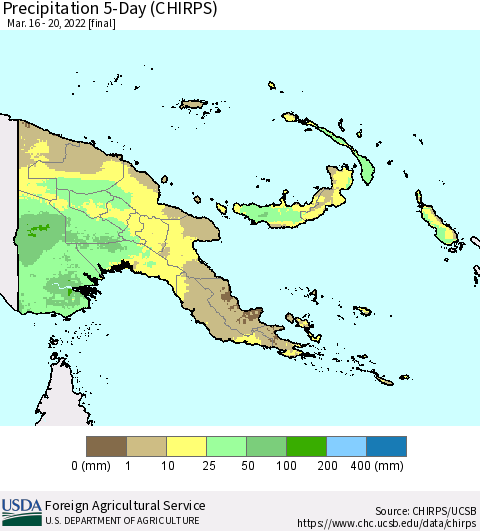 Papua New Guinea Precipitation 5-Day (CHIRPS) Thematic Map For 3/16/2022 - 3/20/2022