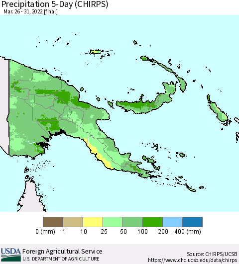 Papua New Guinea Precipitation 5-Day (CHIRPS) Thematic Map For 3/26/2022 - 3/31/2022