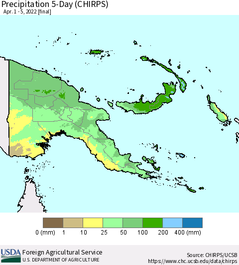 Papua New Guinea Precipitation 5-Day (CHIRPS) Thematic Map For 4/1/2022 - 4/5/2022
