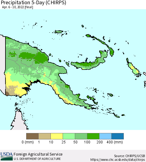 Papua New Guinea Precipitation 5-Day (CHIRPS) Thematic Map For 4/6/2022 - 4/10/2022