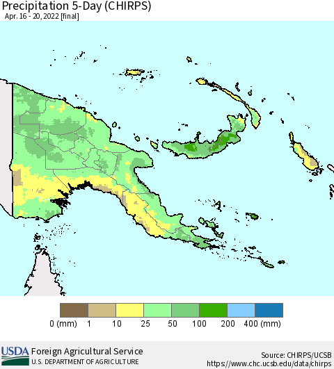 Papua New Guinea Precipitation 5-Day (CHIRPS) Thematic Map For 4/16/2022 - 4/20/2022