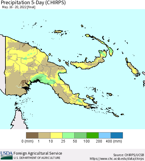 Papua New Guinea Precipitation 5-Day (CHIRPS) Thematic Map For 5/16/2022 - 5/20/2022