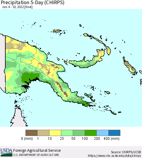Papua New Guinea Precipitation 5-Day (CHIRPS) Thematic Map For 6/6/2022 - 6/10/2022