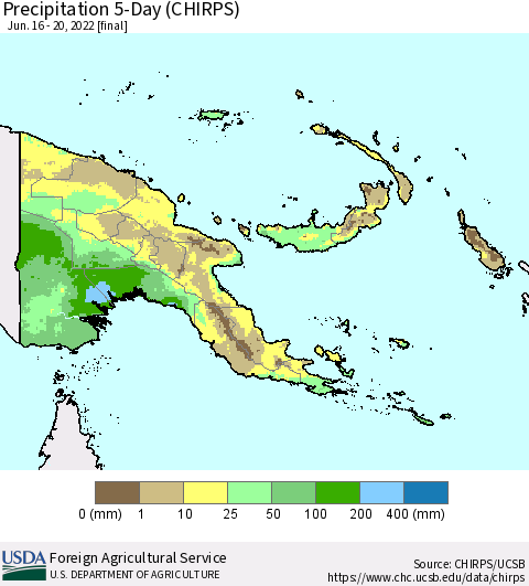 Papua New Guinea Precipitation 5-Day (CHIRPS) Thematic Map For 6/16/2022 - 6/20/2022