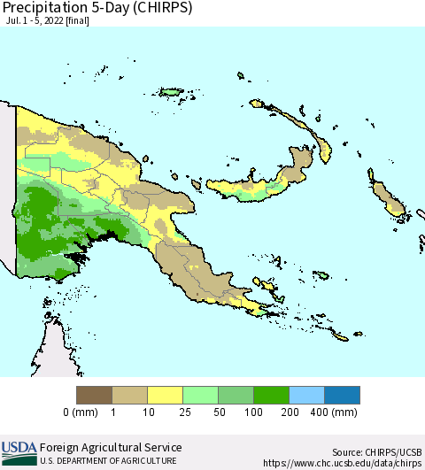 Papua New Guinea Precipitation 5-Day (CHIRPS) Thematic Map For 7/1/2022 - 7/5/2022