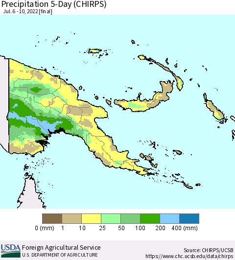 Papua New Guinea Precipitation 5-Day (CHIRPS) Thematic Map For 7/6/2022 - 7/10/2022