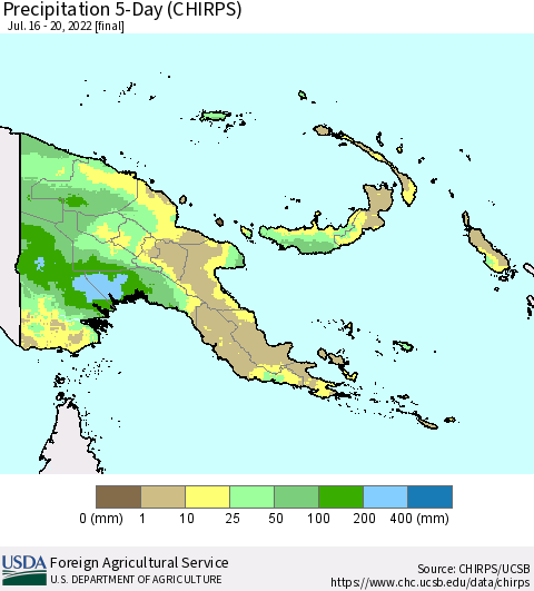 Papua New Guinea Precipitation 5-Day (CHIRPS) Thematic Map For 7/16/2022 - 7/20/2022