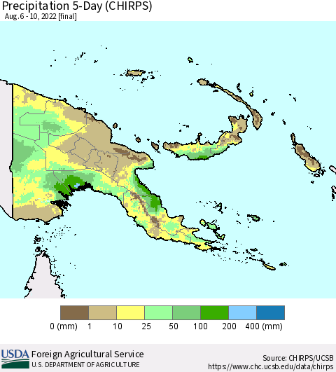 Papua New Guinea Precipitation 5-Day (CHIRPS) Thematic Map For 8/6/2022 - 8/10/2022