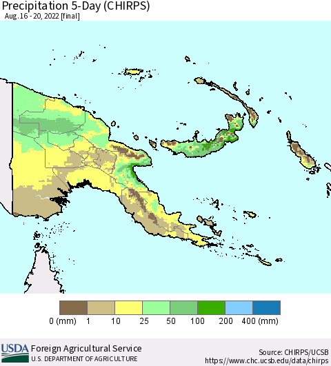 Papua New Guinea Precipitation 5-Day (CHIRPS) Thematic Map For 8/16/2022 - 8/20/2022