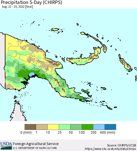 Papua New Guinea Precipitation 5-Day (CHIRPS) Thematic Map For 8/21/2022 - 8/25/2022